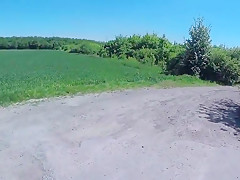 Riding and strolling naked in public nature in daylight POV