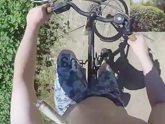 Riding and strolling naked in public nature in daylight POV