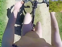 Riding and strolling naked in public nature in daylight POV