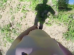 Riding and strolling naked in public nature in daylight POV