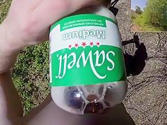 Riding and strolling naked in public nature in daylight POV