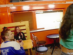 Huge tits babe rides huge dick in public