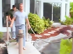 Skinny blonde fucks 2 guys outdoor