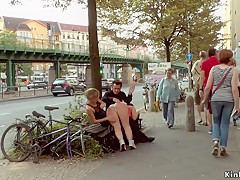 Busty slave spanked and fucked in public
