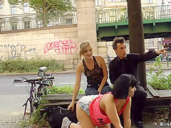 Busty slave spanked and fucked in public