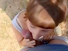 Brunette loves to ride and suck dick outdoor