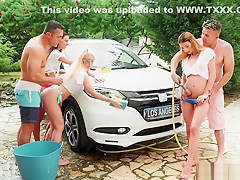 Sexy car wash with three hot Euro sluts