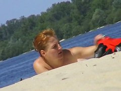 Completely naked mom sunbathing at the river beach