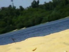 Completely naked mom sunbathing at the river beach