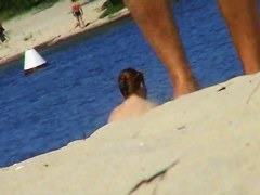 Completely naked mom sunbathing at the river beach