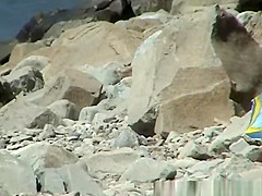 Small boobs nudist woman in the rocky beach