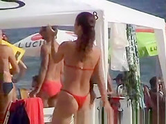 Brunette teen with red bikini