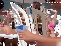 Tattooed hot blonde girl sexy ass in blue bikini
