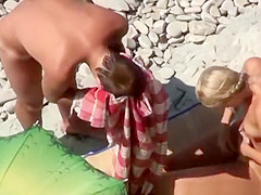 Chubby blonde nudist with her man