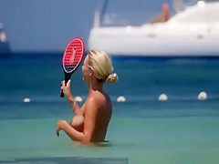 Nice tits blonde topless playing racket ball