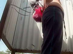 Teen with tan lines peeped in cabin