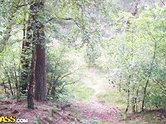 Erotic Ella outdoors horny showing off her pussy before sucking dick