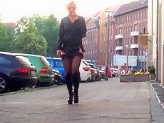 MILF slut out walking in miniskirt and stockings
