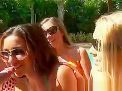 Pretty Girls In Bikinis Sucking Dick At Outdoor Pool Party