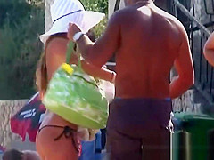 Young topless teens on the beach showing natural firm boobs in public!