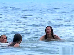 Naked teen nudist group out on beach naturists exercise undressed outdoors