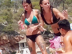 Voyeur - Big boob topless babe with friends on beach