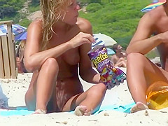 Blonde teen on the beach fully naked in public showing tight pussy!