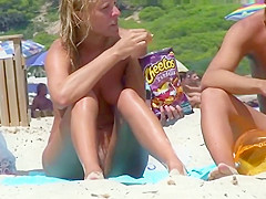 Blonde teen on the beach fully naked in public showing tight pussy!