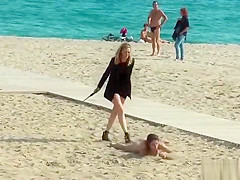 Lezdom disgrace and zapper on the beach