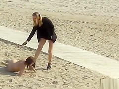 Lezdom disgrace and zapper on the beach