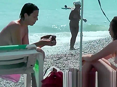 Public nudity scene with naked sexy nudist brunette