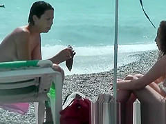 Public nudity scene with naked sexy nudist brunette