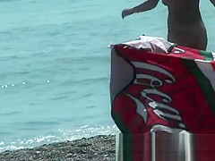 Public nudity scene with naked sexy nudist brunette