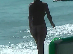 Public nudity scene with naked sexy nudist brunette