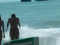 Public nudity scene with naked sexy nudist brunette