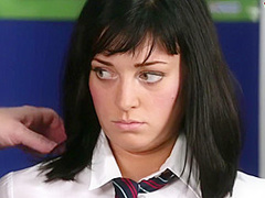 Slutty Brunette Schoolgirl Is Giving A Deep Blowjob To A Random Guy, In The Changing Room