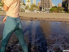 Wet Shoot On A Public Beach With Crazy Model. Risky Outdoor Masturbation. Foot Fetish. Pee In Jeans