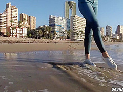 Wet Shoot On A Public Beach With Crazy Model. Risky Outdoor Masturbation. Foot Fetish. Pee In Jeans