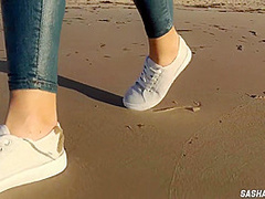 Wet Shoot On A Public Beach With Crazy Model. Risky Outdoor Masturbation. Foot Fetish. Pee In Jeans