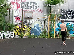 Horny Granny Fucks Basketball Twinks in Public