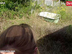 MyDirtyHobby - Busty amateur swallows a big cock outdoors