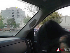 Inked up Mallory Maneater sucks cock in the car