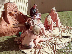 Horny babes licking and fucking toys in outdoor lesbian orgy