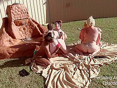 Horny babes licking and fucking toys in outdoor lesbian orgy