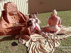 Six lesbians licking and toying horny cunts in outdoor group sex