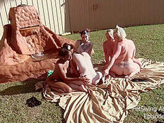 Six lesbians licking and toying horny cunts in outdoor group sex