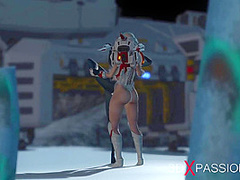 Hot sex on th exoplanet! An alien gets fucked by a spacewoman in spacesuit with strapon