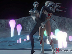 Hot sex on th exoplanet! An alien gets fucked by a spacewoman in spacesuit with strapon