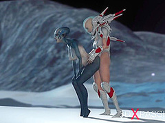 Hot sex on th exoplanet! An alien gets fucked by a spacewoman in spacesuit with strapon