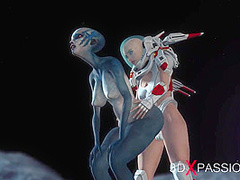 Hot sex on th exoplanet! An alien gets fucked by a spacewoman in spacesuit with strapon